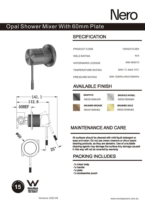 Nero Opal Shower Mixer 60mm Plate