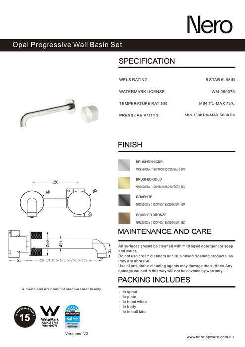 Nero Opal Progressive Wall Basin/Bath Set 185mm