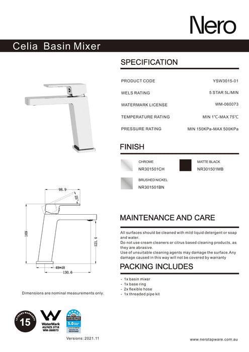 Nero Celia Basin Mixer Angle Spout