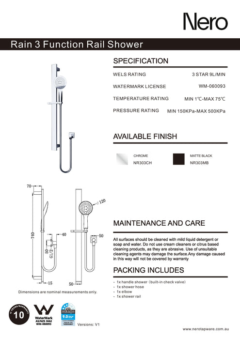 Nero Rain 3 Function Shower Rail