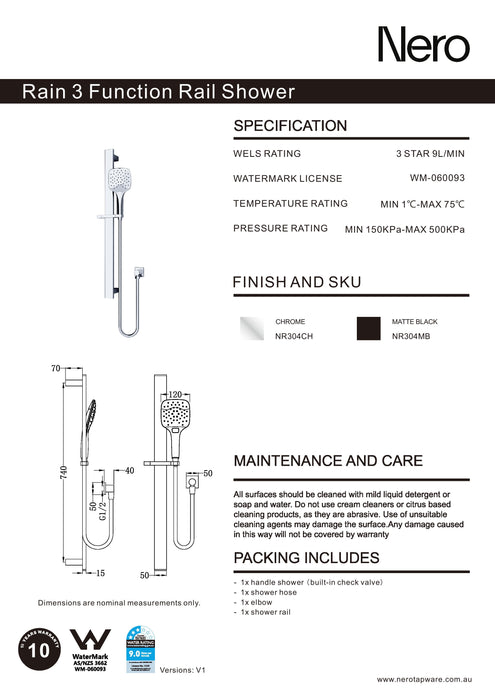 Nero Rain Square 3 Function Shower Rail