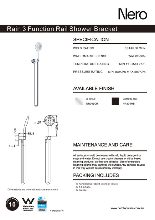 Nero Rain 3 Function Shower On Bracket