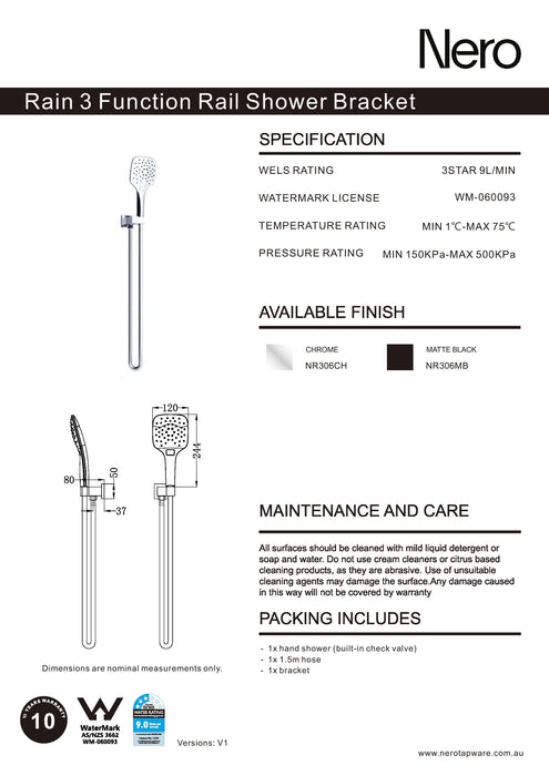 Nero Rain Square 3 Function Shower On Bracket