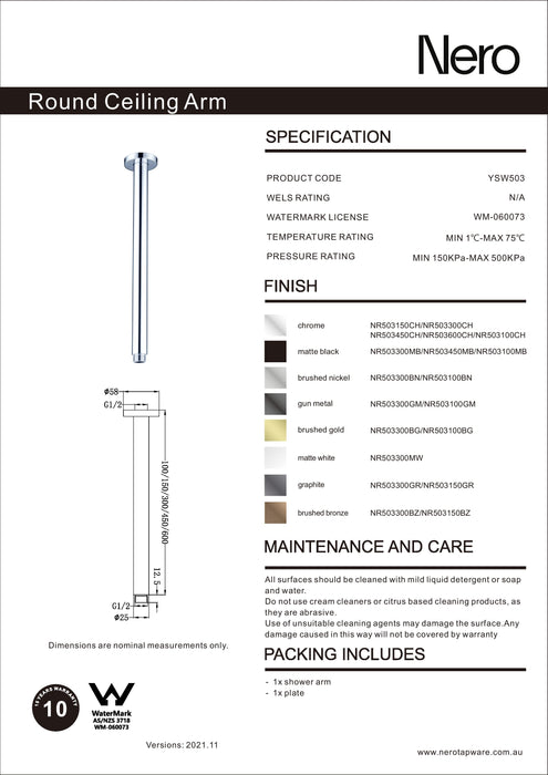 Nero Round Ceiling Arm 450mm Length