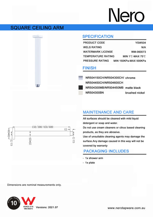 Nero Square Ceiling Arm 150mm Length