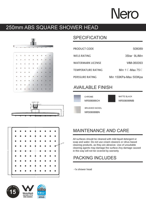 Nero 250mm Abs Square Shower Head