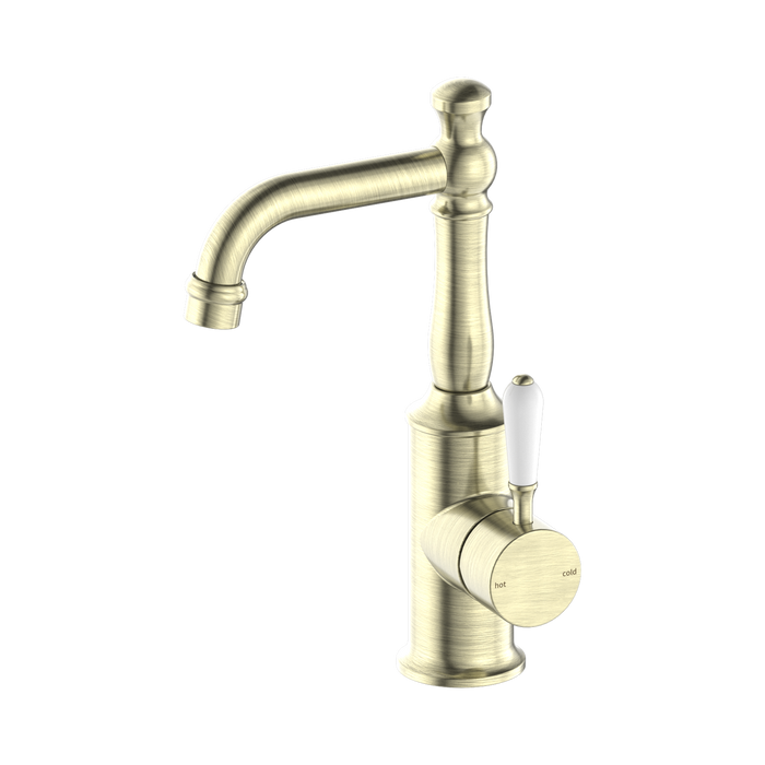 Nero York Basin Mixer With White Porcelain Lever - Aged Brass