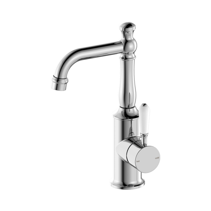 Nero York Basin Mixer With White Porcelain Lever - Chrome