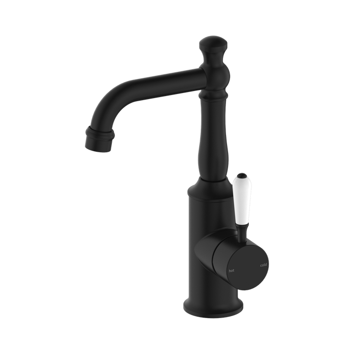 Nero York Basin Mixer With White Porcelain Lever - Matte Black