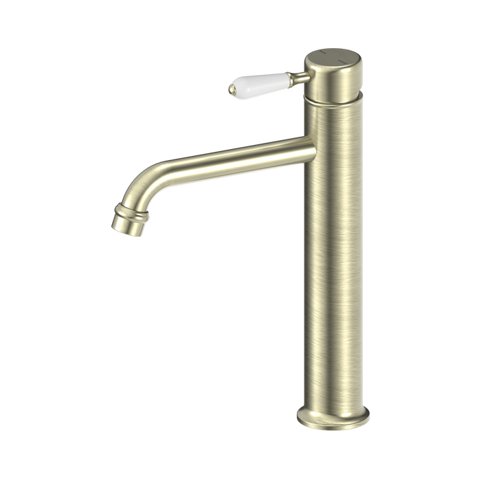 Nero York Straight Tall Basin Mixer With White Porcelain Lever - Aged Brass