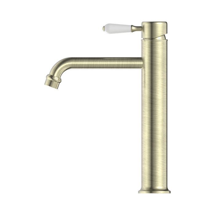 Nero NR692101a01AB York Straight Tall Basin Mixer With White Porcelain Lever Aged Brass image 3 | SKU: NR692101A01AB