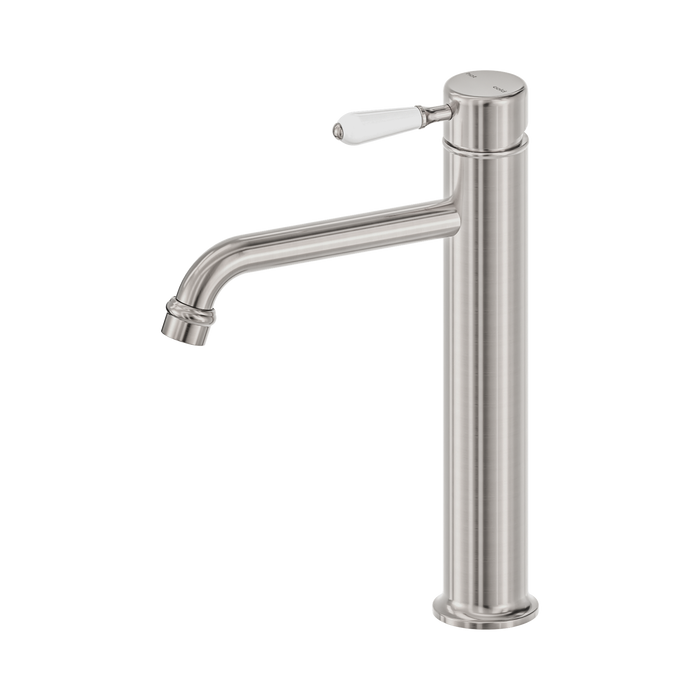 Nero York Straight Tall Basin Mixer With White Porcelain Lever - Brushed Nickel