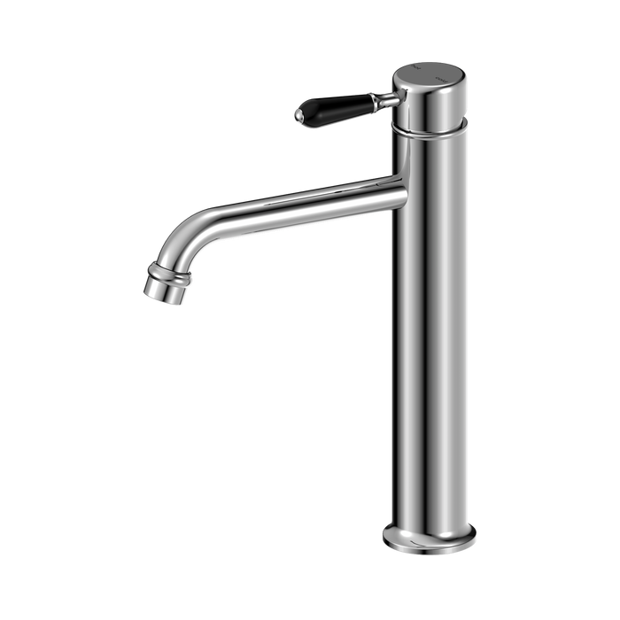 Nero York Straight Tall Basin Mixer With Black Porcelain Lever - Chrome