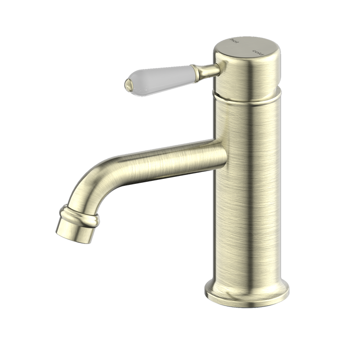 Nero York Straight Basin Mixer With White Porcelain Lever - Aged Brass