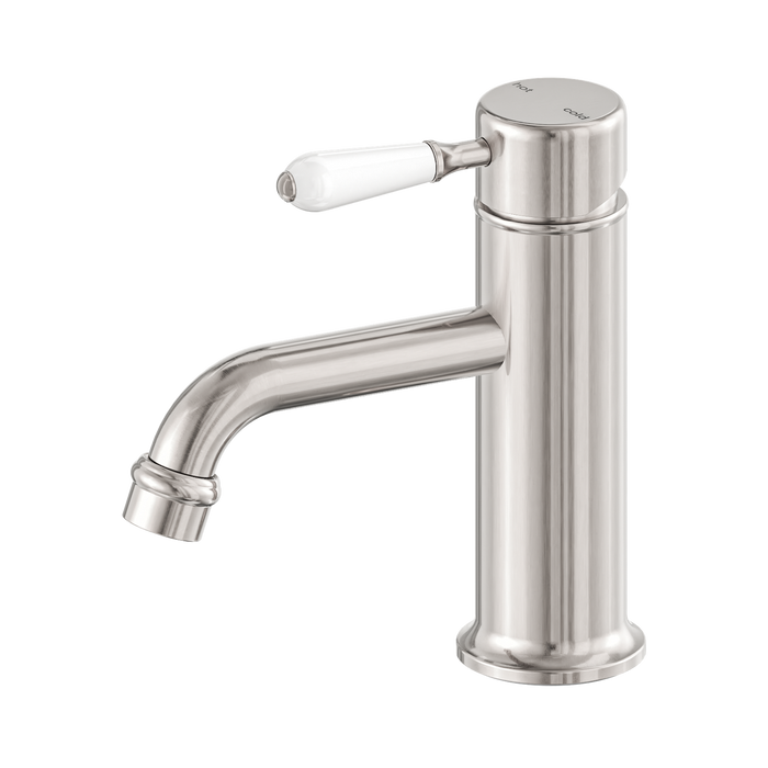 Nero York Straight Basin Mixer With White Porcelain Lever - Brushed Nickel