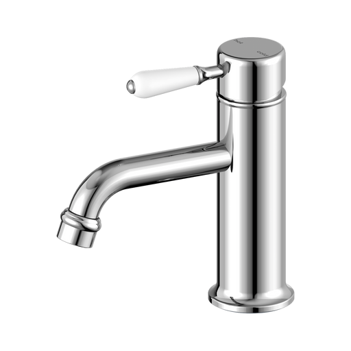 Nero York Straight Basin Mixer With White Porcelain Lever - Chrome