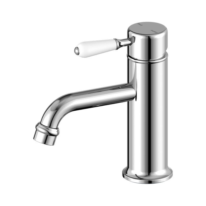 Nero York Straight Basin Mixer With White Porcelain Lever - Chrome