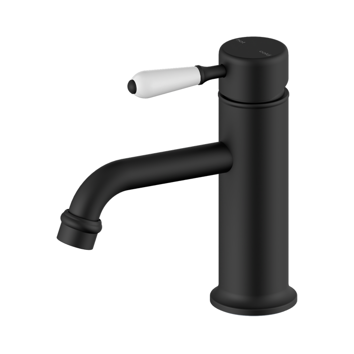 Nero York Straight Basin Mixer With White Porcelain Lever - Matte Black