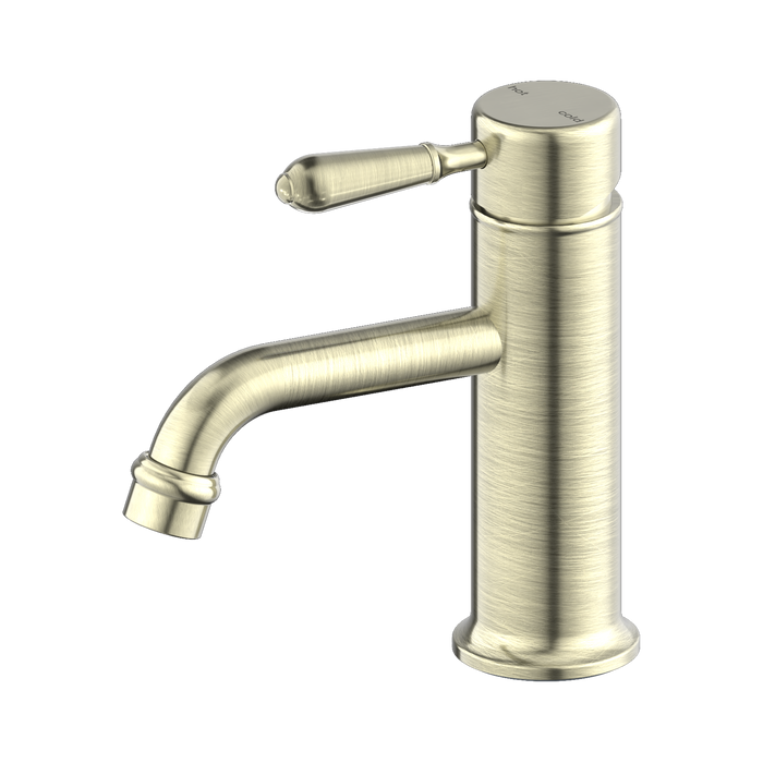 Nero York Straight Basin Mixer With Metal Lever - Aged Brass