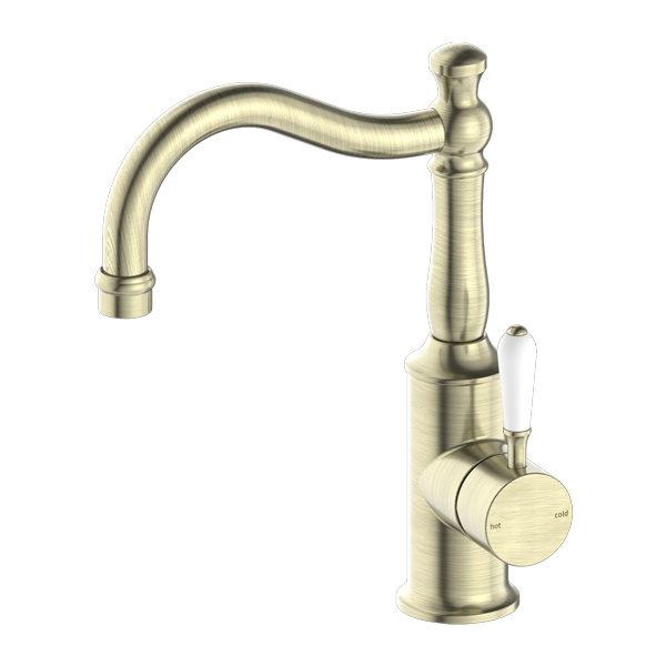 Nero York Basin Mixer Hook Spout With White Porcelain Lever