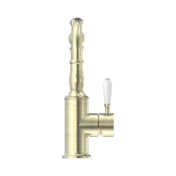 Nero NR69210201AB York Basin Mixer Hook Spout With White Porcelain Lever Aged Brass image 2 | SKU: NR69210201AB