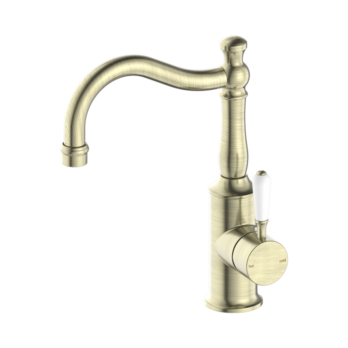 Nero York Basin Mixer Hook Spout With White Porcelain Lever - Aged Brass