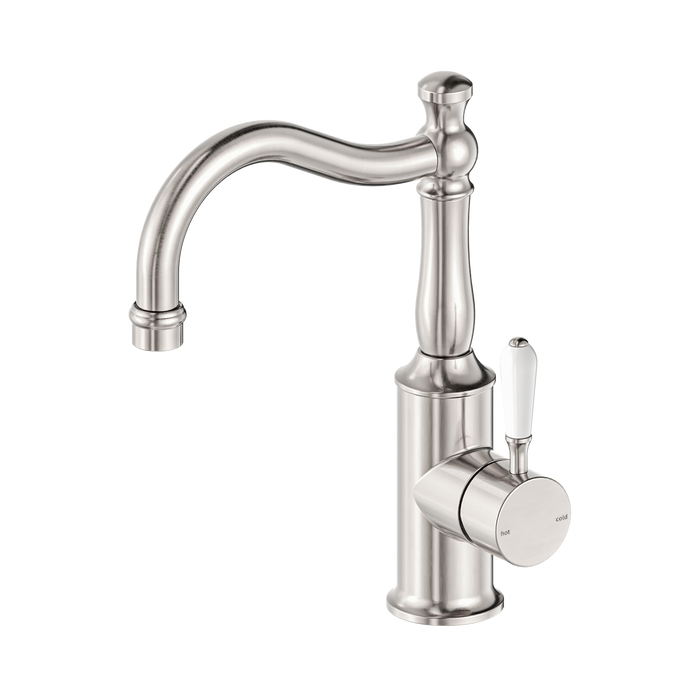 Nero York Basin Mixer Hook Spout With White Porcelain Lever - Brushed Nickel