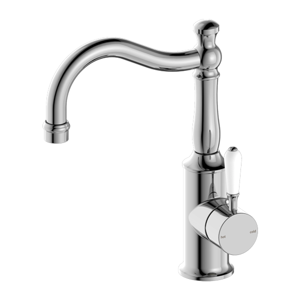 Nero York Basin Mixer Hook Spout With White Porcelain Lever