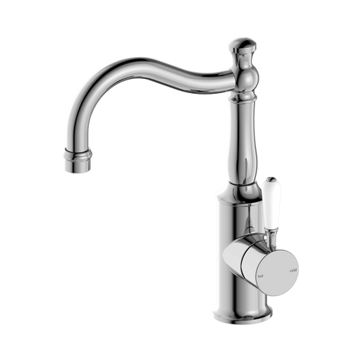 Nero York Basin Mixer Hook Spout With White Porcelain Lever - Chrome
