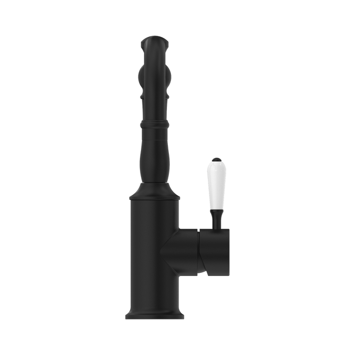 Nero NR69210201MB York Basin Mixer Hook Spout With White Porcelain Lever Matte Black image 2 | SKU: NR69210201MB