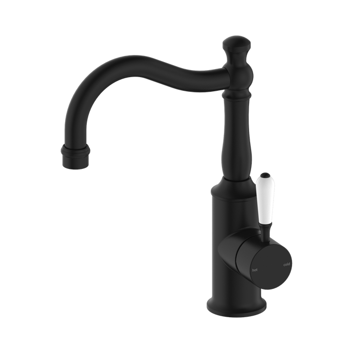 Nero York Basin Mixer Hook Spout With White Porcelain Lever - Matte Black