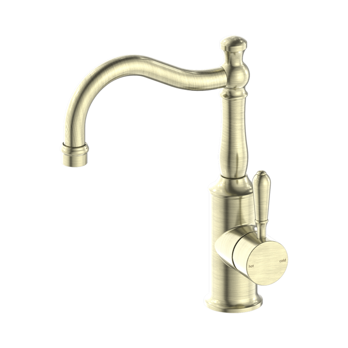 Nero York Basin Mixer Hook Spout With Metal Lever - Aged Brass