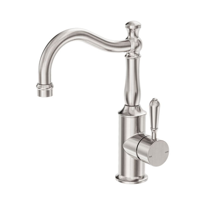 Nero York Basin Mixer Hook Spout With Metal Lever - Brushed Nickel