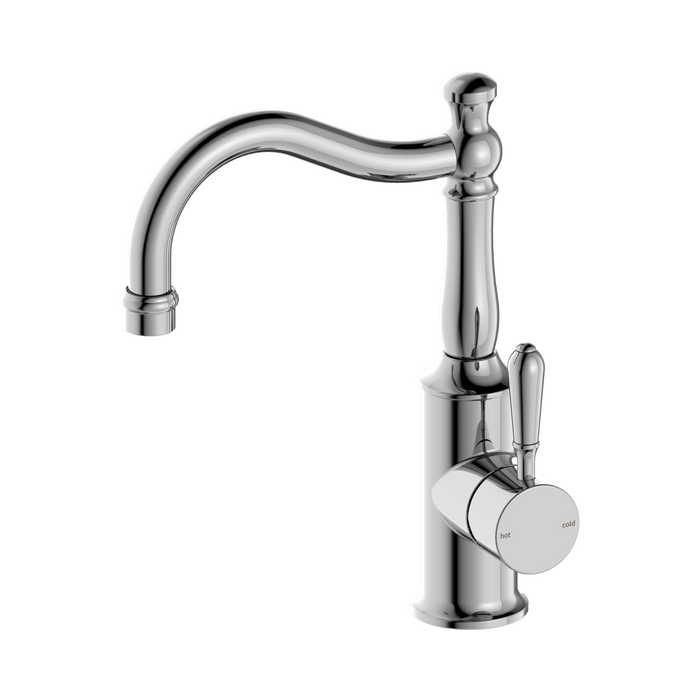 Nero York Basin Mixer Hook Spout With Metal Lever - Chrome