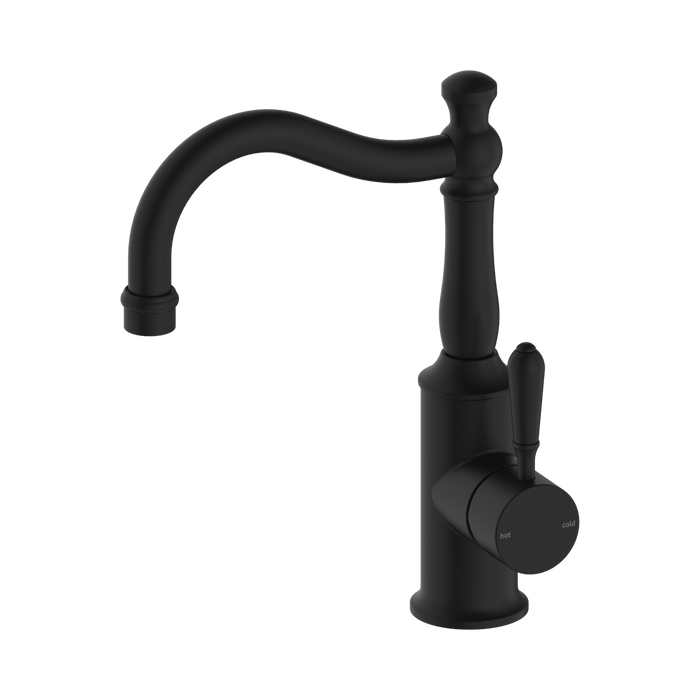 Nero York Basin Mixer Hook Spout With Metal Lever - Matte Black
