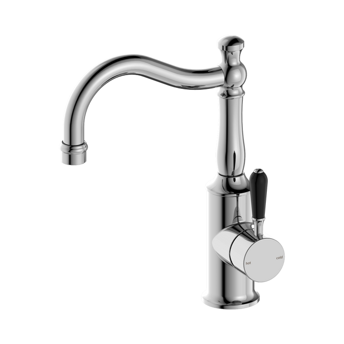 Nero York Basin Mixer Hook Spout With Black Porcelain Lever - Chrome