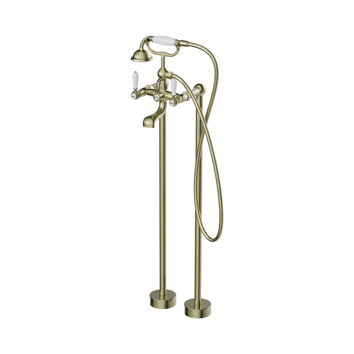 Nero York Freestanding Bath Set With White Porcelain Hand Shower - Aged Brass