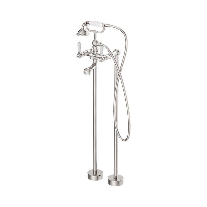 Nero York Freestanding Bath Set With White Porcelain Hand Shower - Brushed Nickel