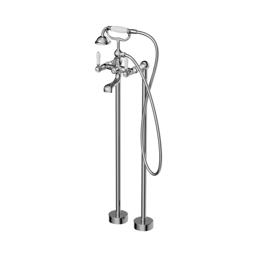 Nero York Freestanding Bath Set With White Porcelain Hand Shower - Chrome