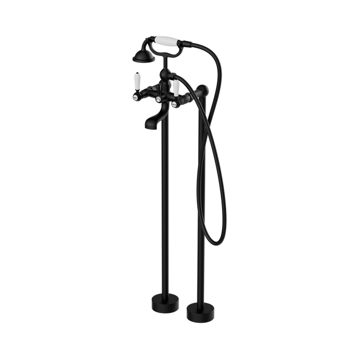 Nero York Freestanding Bath Set With White Porcelain Hand Shower - Matte Black