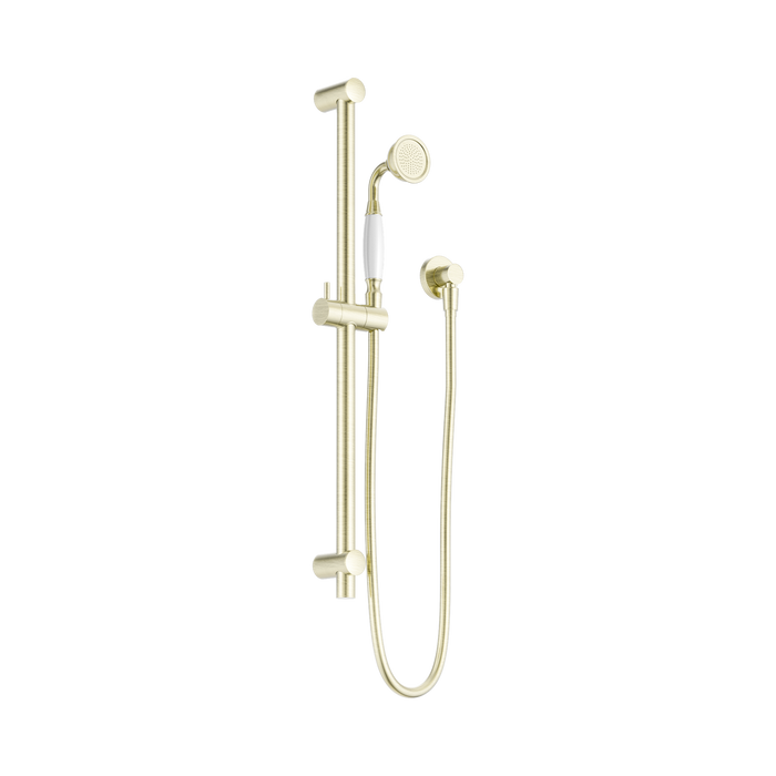 Nero York Shower Rail With White Porcelain Hand Shower - Aged Brass