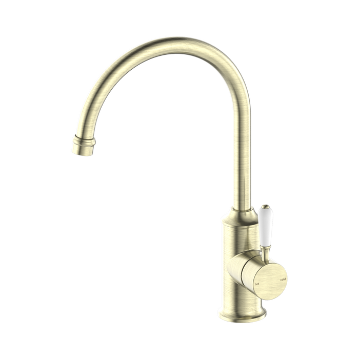 Nero York Kitchen Mixer Gooseneck Spout With White Porcelain Lever - Aged Brass