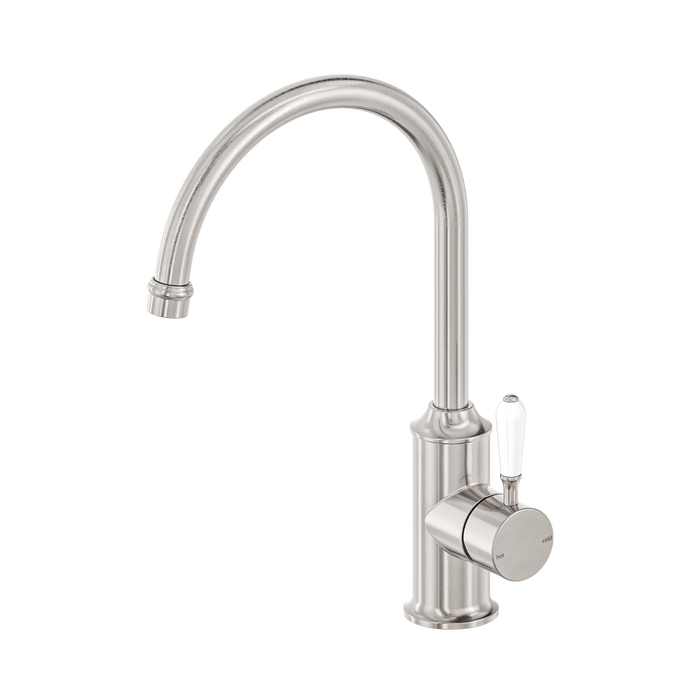 Nero York Kitchen Mixer Gooseneck Spout With White Porcelain Lever - Brushed Nickel