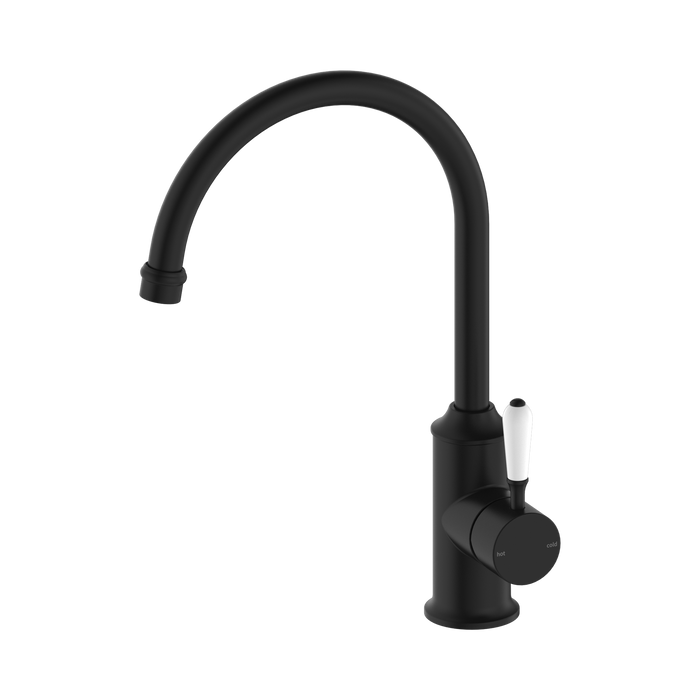 Nero York Kitchen Mixer Gooseneck Spout With White Porcelain Lever - Matte Black