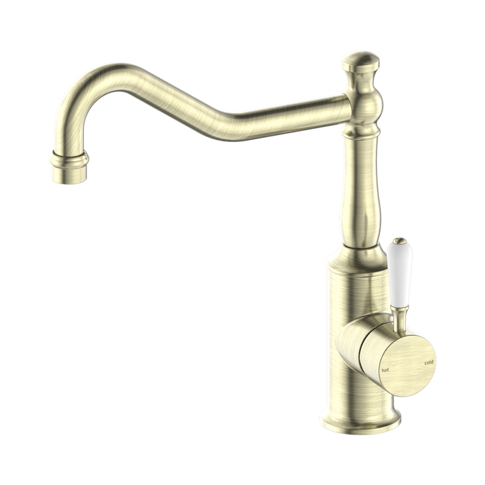 Nero York Kitchen Mixer Hook Spout With White Porcelain Lever - Aged Brass
