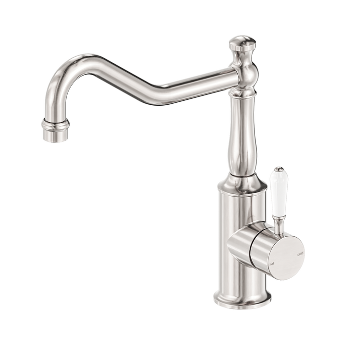 Nero York Kitchen Mixer Hook Spout With White Porcelain Lever - Brushed Nickel