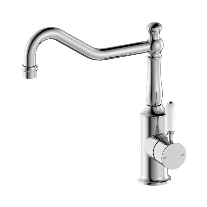 Nero York Kitchen Mixer Hook Spout With White Porcelain Lever - Chrome