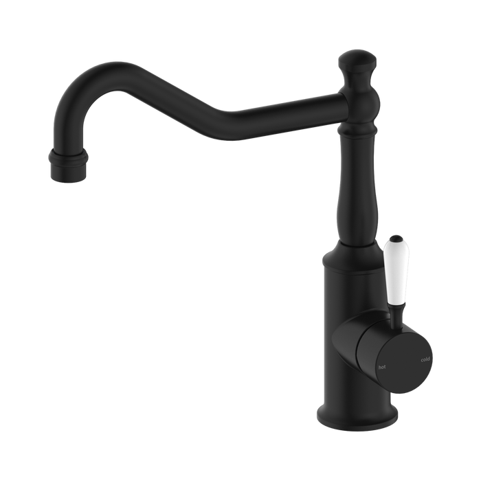 Nero York Kitchen Mixer Hook Spout With White Porcelain Lever - Matte Black
