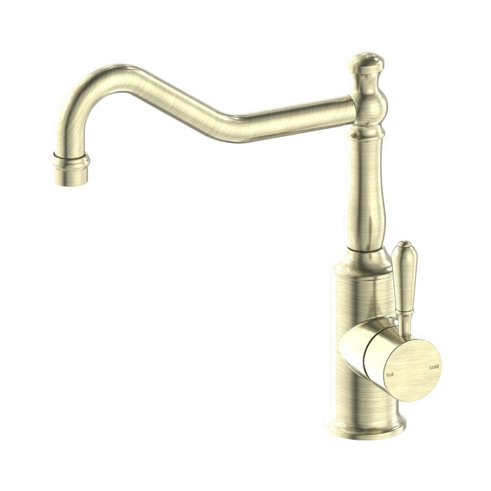 Nero York Kitchen Mixer Hook Spout With Metal Lever - Aged Brass
