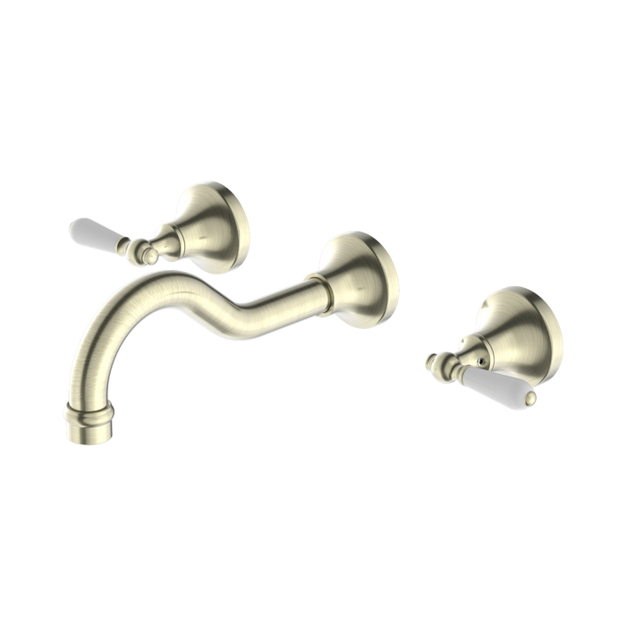 Nero York Wall Basin Set With White Porcelain Lever - Aged Brass